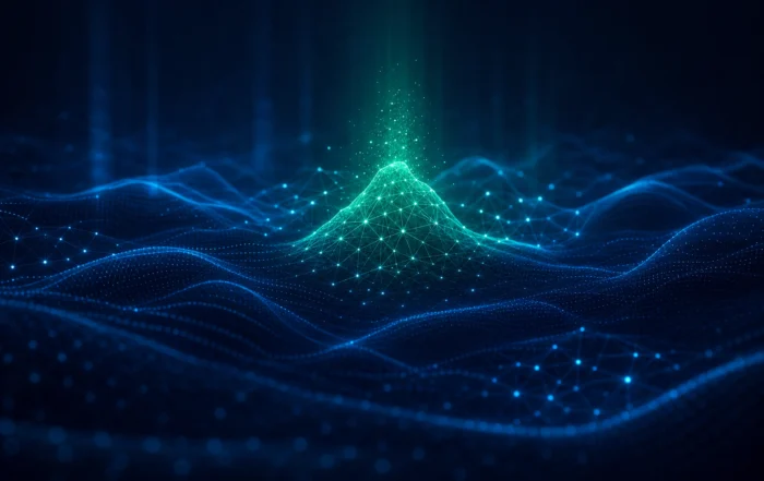 Waveforms and clustered data points with one cluster highlighted, suggesting an early-warning signal found in noise.