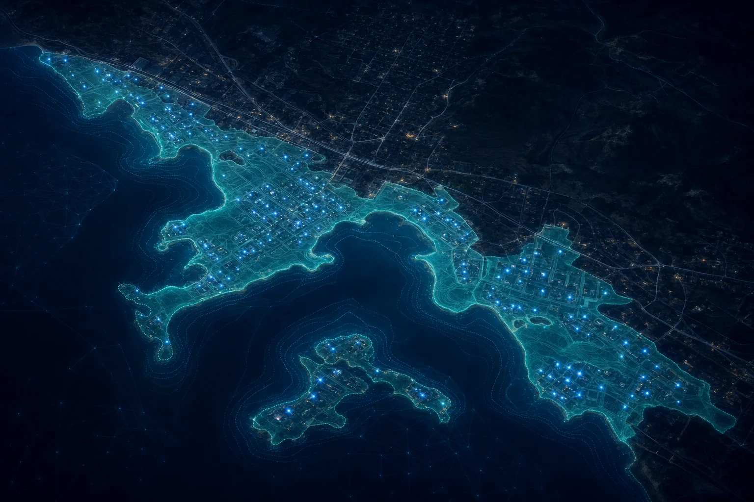 Overhead view of an abstract coastline with a glowing flood-extent overlay and structure markers, suggesting rapid damage assessment from imagery.