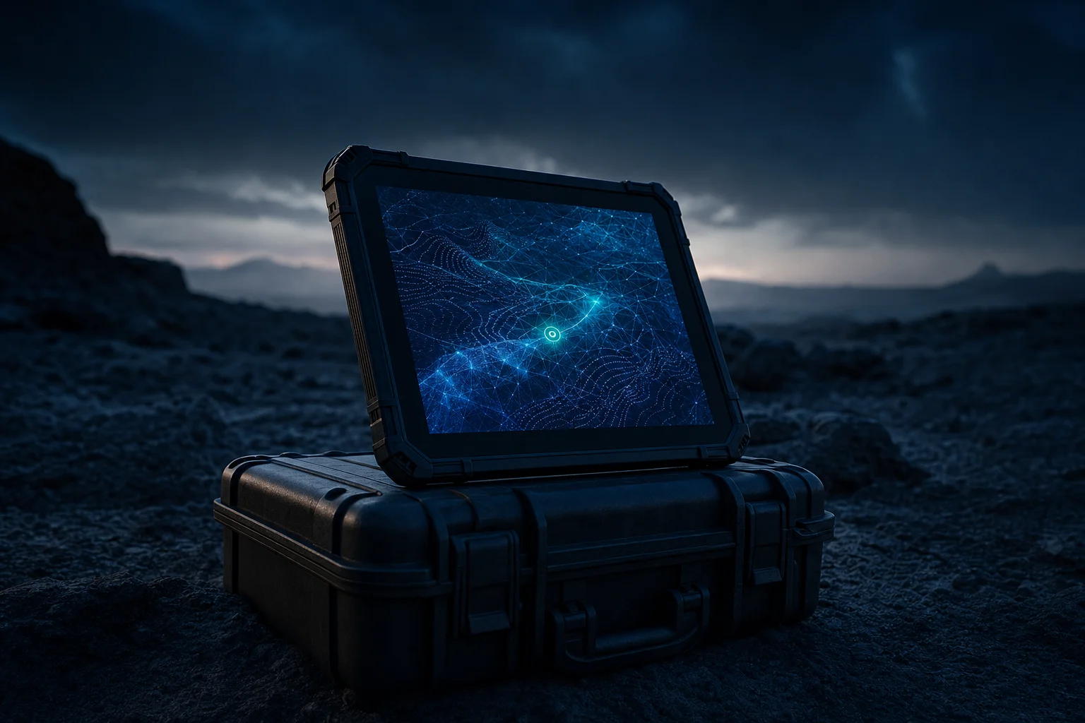 A ruggedized tablet glowing with a mesh map in an empty landscape at dusk, suggesting mission tooling that works without a connection.