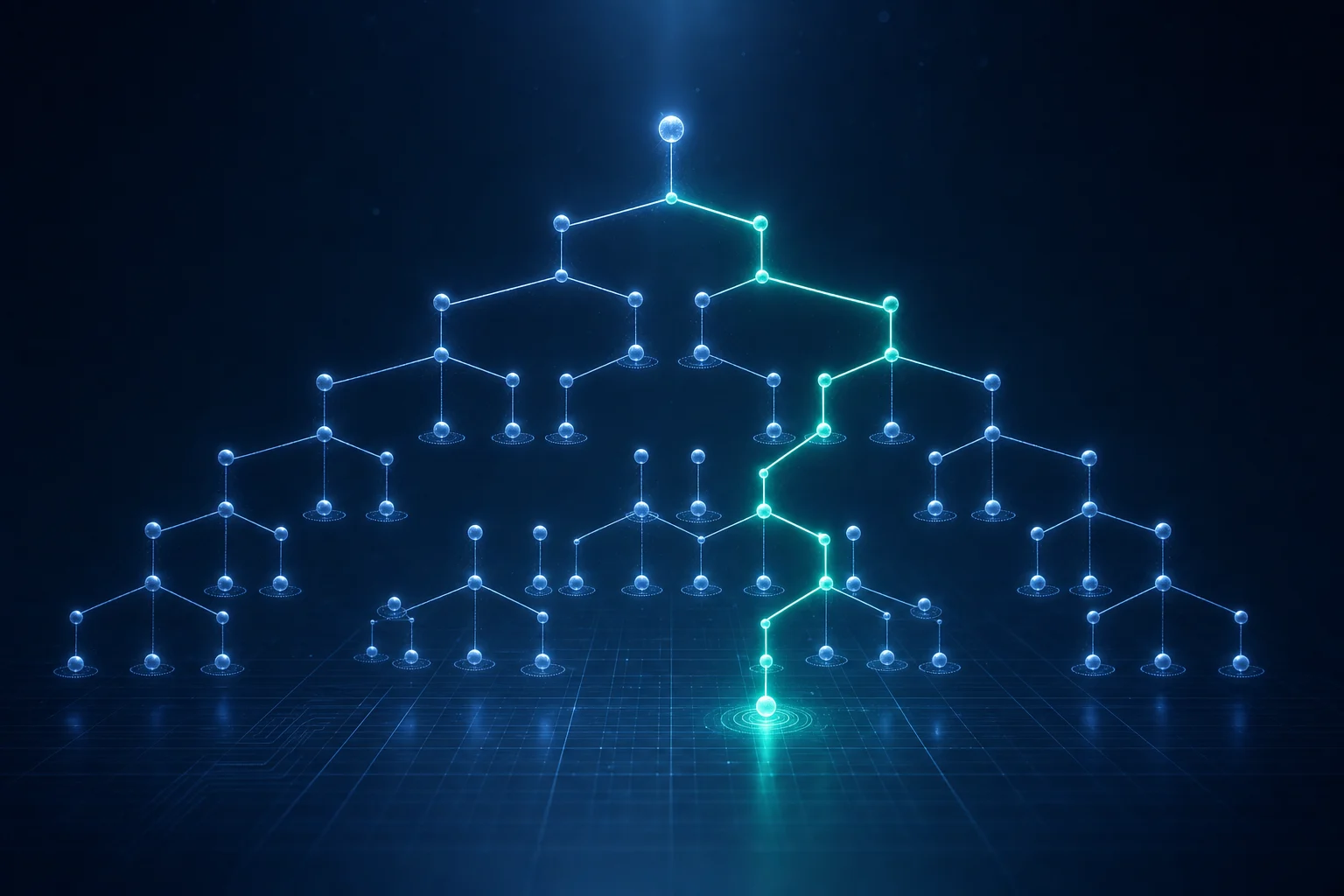 A branching node lattice with one lit path, suggesting governed access decisions.