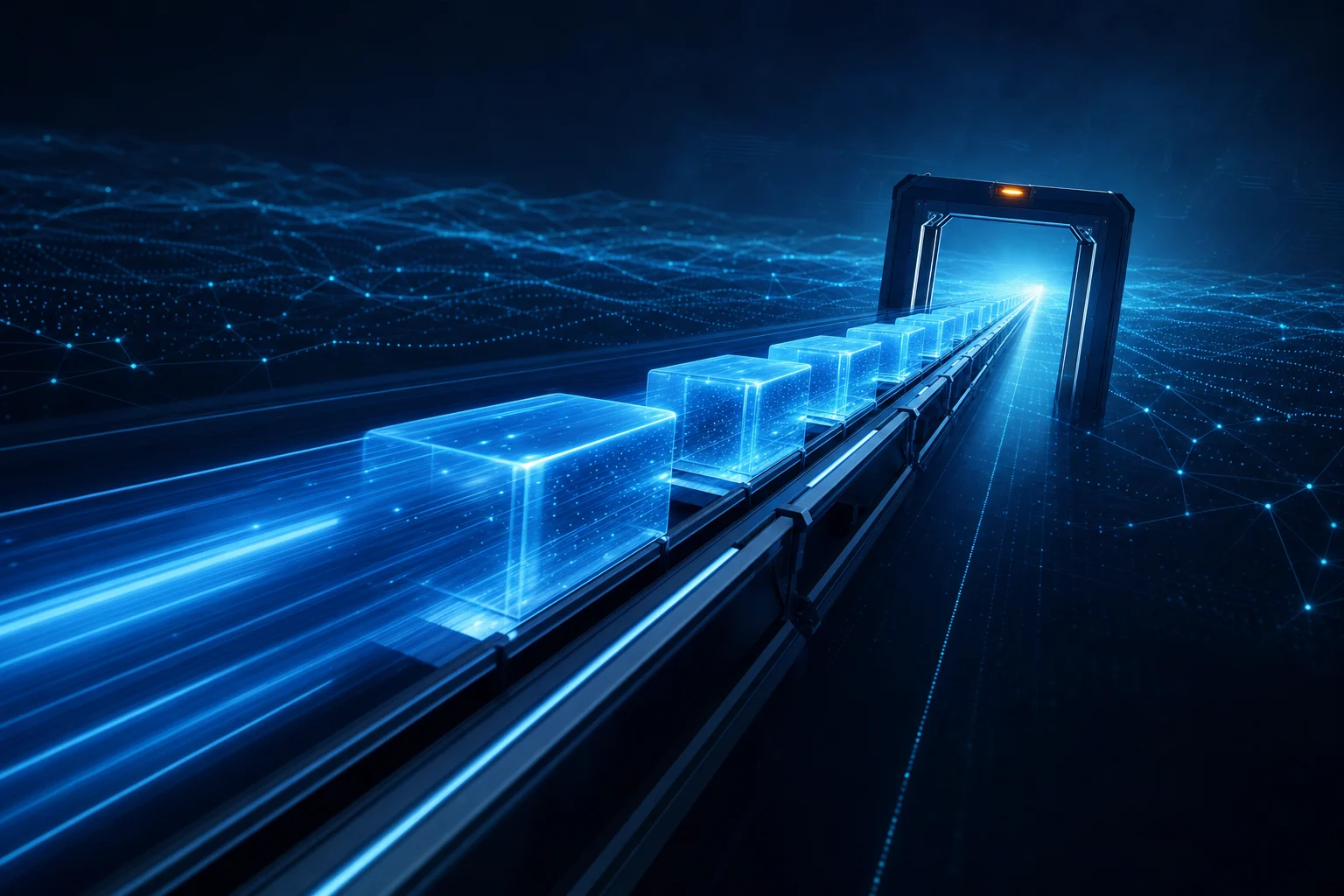 Glowing blocks accelerating along a rail toward a lit gate, suggesting code moving to production in under an hour.