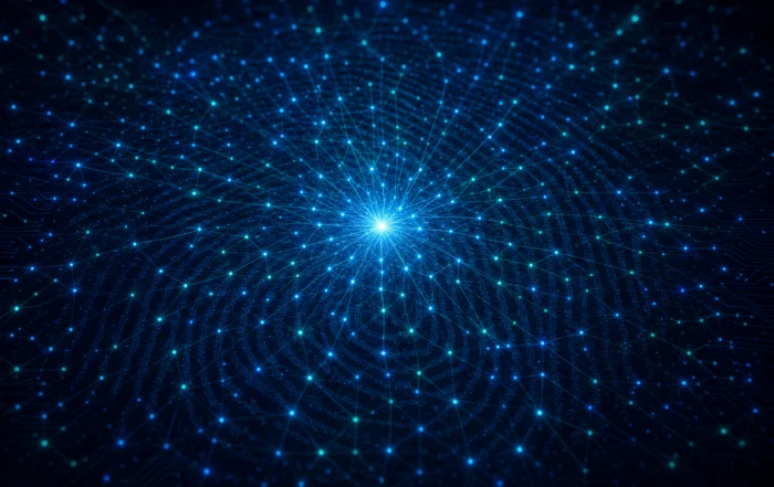 Thousands of glowing nodes converging on one bright hub, suggesting a single identity platform serving millions.