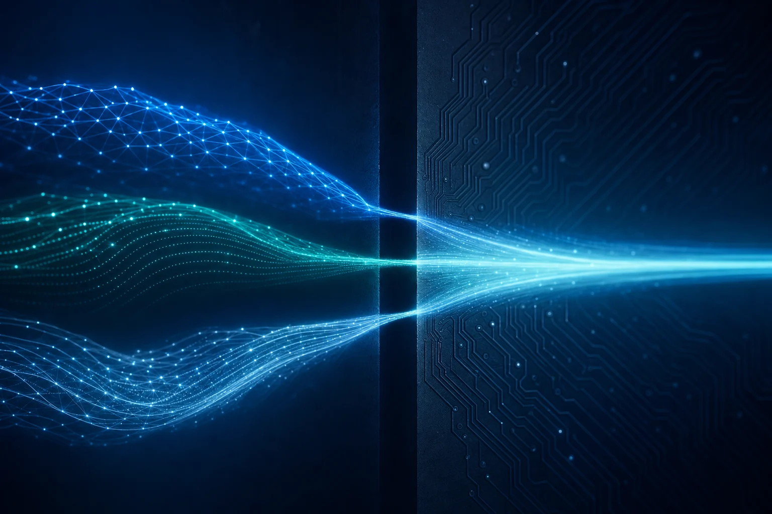 Three data streams crossing a dark gap and merging into one channel, suggesting information shared across separate domains.