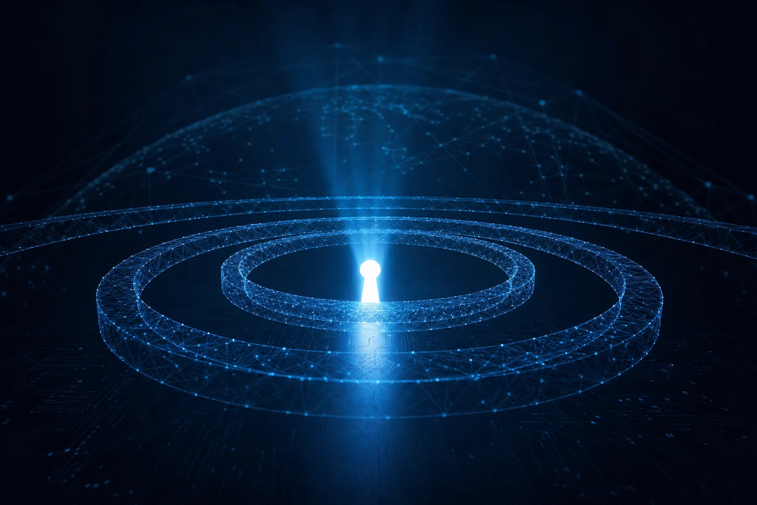 Concentric security rings around a single keyhole of light, suggesting privileged access controlled at every layer.