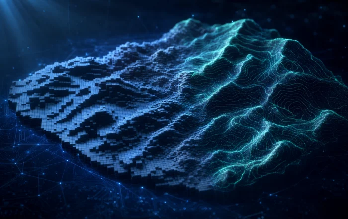 Coarse gridded terrain becoming a smooth contoured elevation mesh, suggesting scientific code modernized without changing the science.